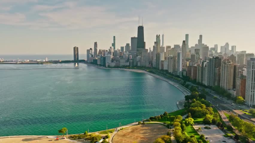 Aerial view of Chicago skyline along Lake Michigan on a bright sunny day, highlighting urban architecture and waterfront.