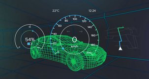 Neon green wireframe car being animated inside 3D grid showing speedometer battery gauge map time. Futuristic, technology, innovation, virtual, digital, interface, automotive - Powered by Shutterstock - Get 15% off with code: PIKWIZARD15