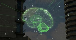 Upon activating green brain hologram, rotating, radiating rays and scanning icons for visualization. Holography, futurism, technology, innovation, data visualization, digital networks, urban backdrop - Powered by Shutterstock - Get 15% off with code: PIKWIZARD15