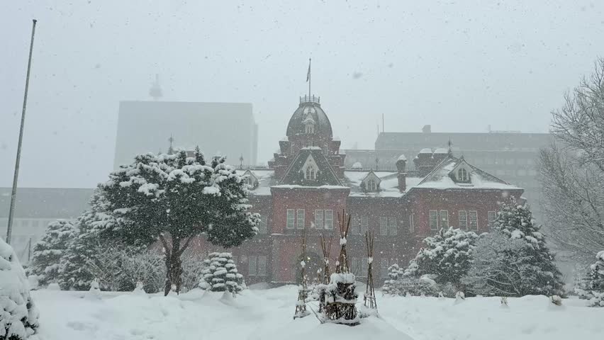 Front view of Hokkaido Red Brick Office on a snowy day, Sapporo, Japan