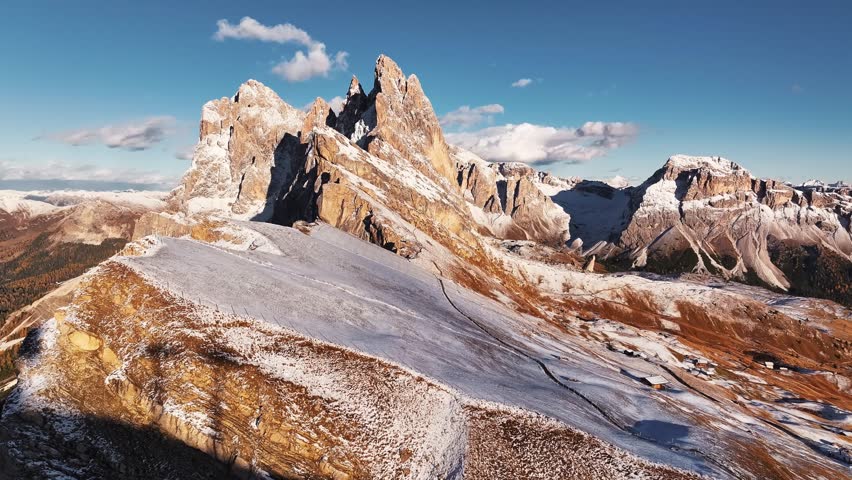 Seceda mountain, aerial view of majestic nature, beautiful touristic place.