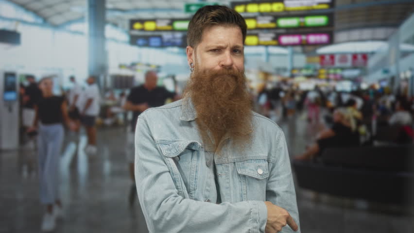 Man with long ginger beard wearing denim jacket crossing arms in busy airport terminal; impatience waiting.