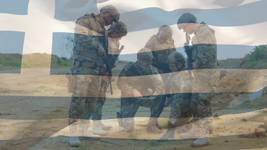 Animation of flag of greece over caucasian male soldiers. Global patriotism and digital interface concept digitally generated video.