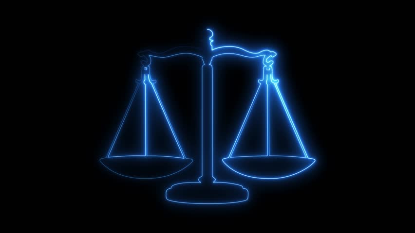 Justice scale neon glow animation for law, legal rights, and balance concept. A symbol of court, fairness, and the pursuit of truth and equality.