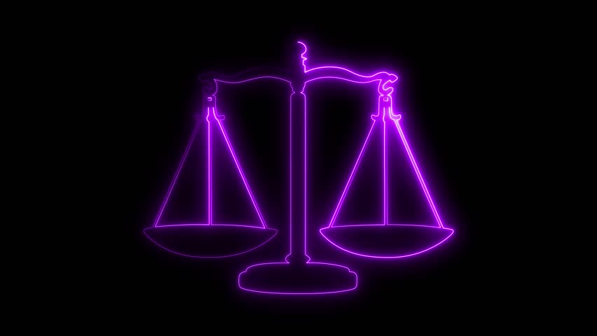 Justice scale neon glow animation for law, legal rights, and balance concept. A symbol of court, fairness, and the pursuit of truth and equality.