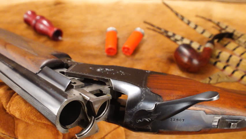 Vintage Double barrel shotgun, 1930's era, with duck call, shells, and Pheasant