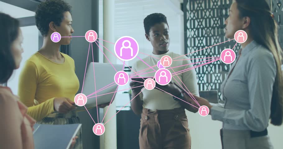 Business team speaking around devices generating network overlay pulsing user nodes for insights. Collaboration, networking, technology, teamwork, innovation, communication, digital