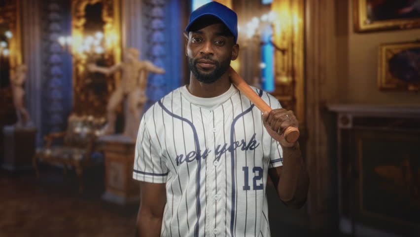 Man in striped baseball jersey holding wooden bat over shoulder and hand on chest in museum building, near sculptures and ornate gallery; quiet reflection.