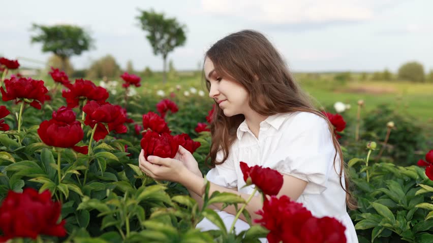 Beautiful young girl in a white dress sits in the middle of a blooming peony field on a sunny summer day, smiling happy. Perfect for spring, flowers, nature, and cheerful scenes