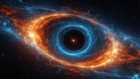 A black hole surrounded by a bright, contrasting accretion of gas and dust. The outer ring is dominated by a fiery orange, while the inner rim is a cool electric blue, creating a visual effect reminiscent of the iris of a human eye. - Powered by Shutterstock - Get 15% off with code: PIKWIZARD15