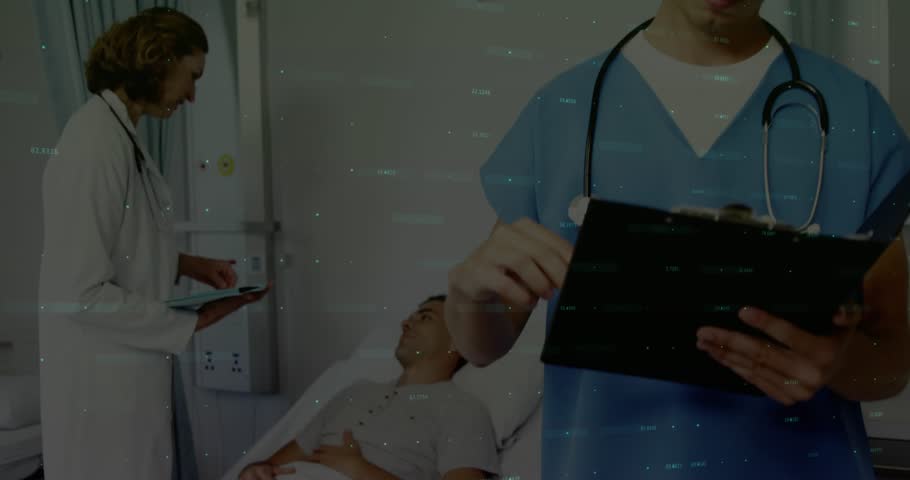 Animation of financial graphs over caucasian male doctor. health, medicine, finance and economy concept digitally generated video.