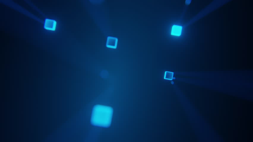 3D render neural network architecture glowing blue cubes connected lines dark background. Represents artificial intelligence machine learning deep learning technology data processing digital.