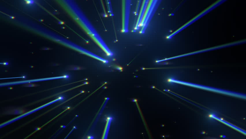 Fast moving abstract blue green light trails radiating from center. Dynamic motion blur neon streaks cosmic energy effect. Seamless looped video background for technology futuristic themes.