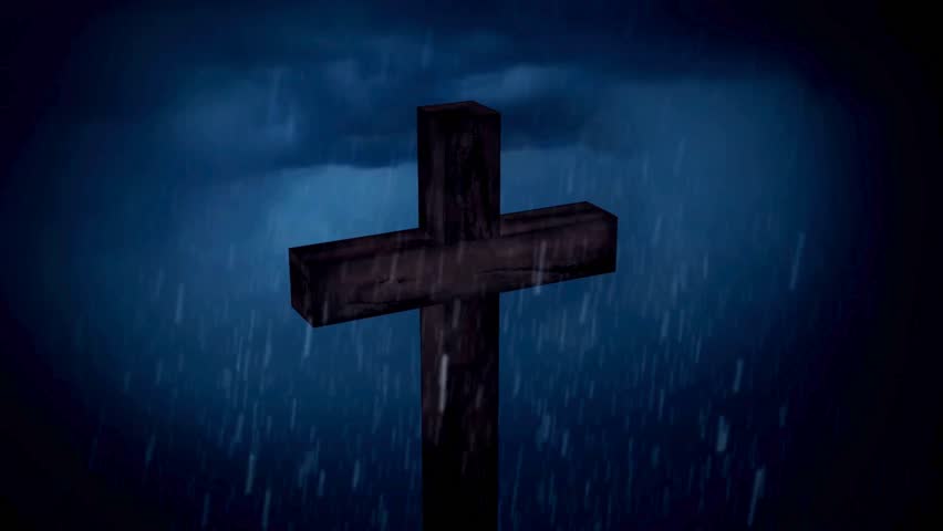 Dramatic visual featuring a wooden Christian cross standing tall, against a dark blue background and rain falling. Symbolizes faith, religion, and spirituality.
