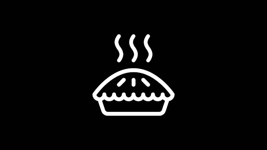 A minimalist white outline drawing depicts a freshly baked pie emitting steam, set against a solid black backdrop