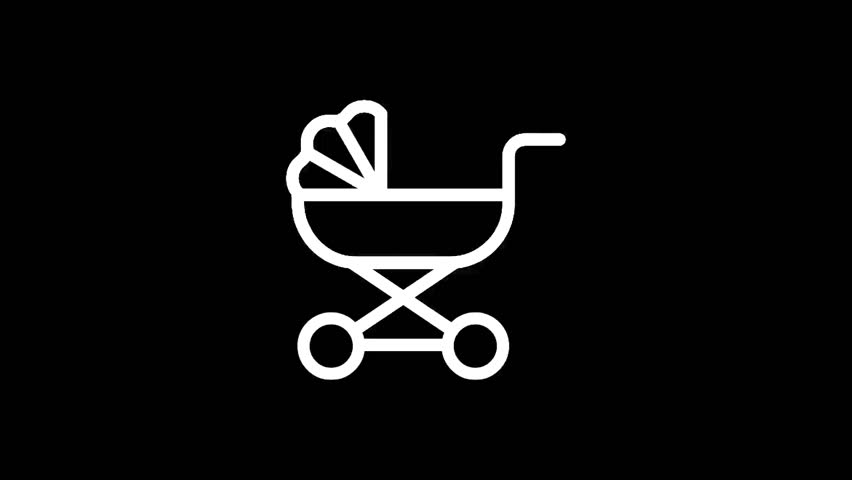 A minimalist white outline of a classic pram with a sun canopy and wheels, set against a solid black backdrop, symbolizing infancy and transport