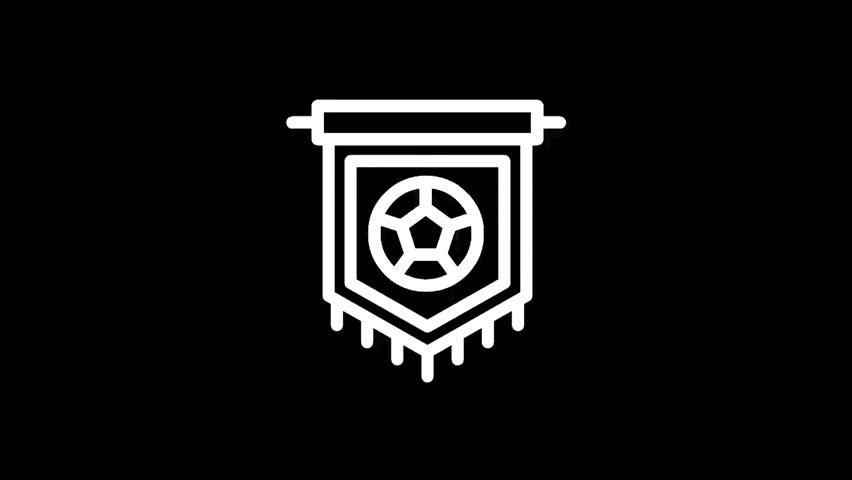 A minimalist white line art icon depicting a soccer ball centered on a pennant banner with fringe details, set against a stark black backdrop