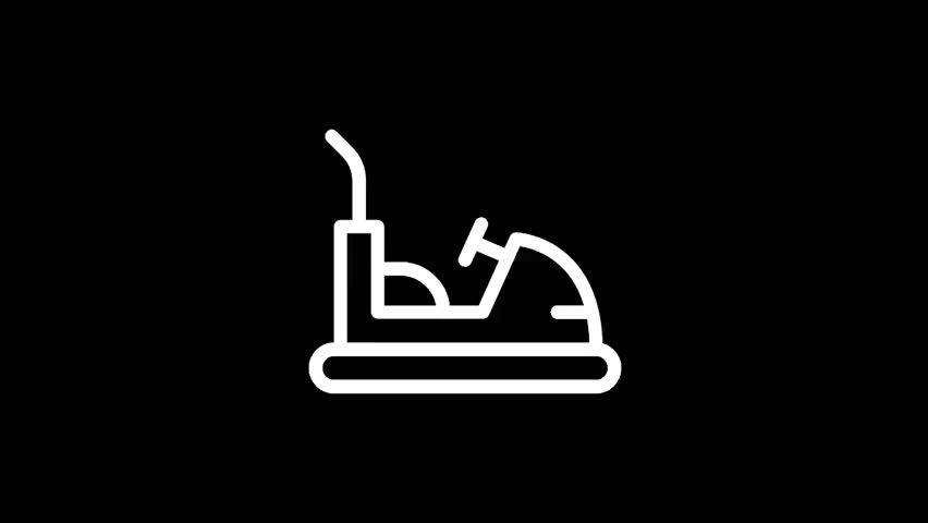 A minimalist white outline drawing of a classic bumper car, featuring a steering wheel and a pole, set against a solid black backdrop