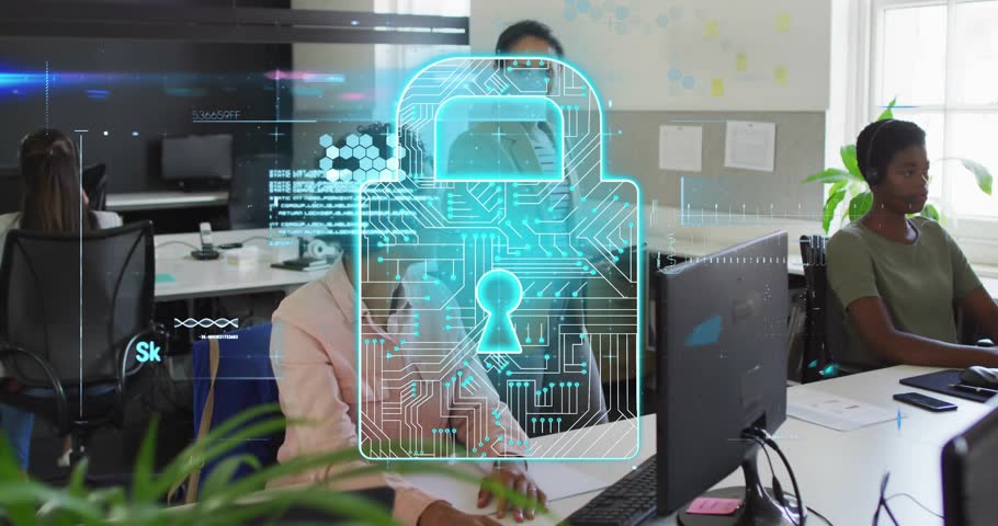 Cybersecurity analyst starting system scan, animating padlock code streams shifting to functioning. Technology, innovation, digital, protection, teamwork, collaboration, modern