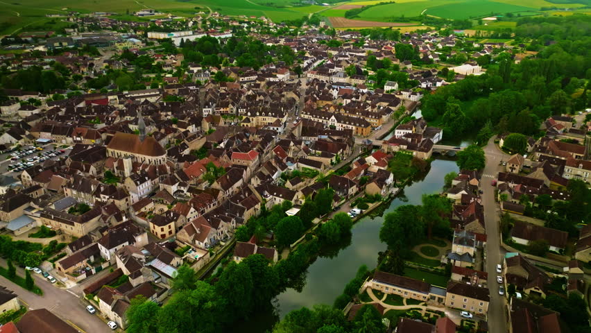 Aerial view of the famous French small town of Chablis, where grapes are grown and famous wine is made. Burgundy Region, France