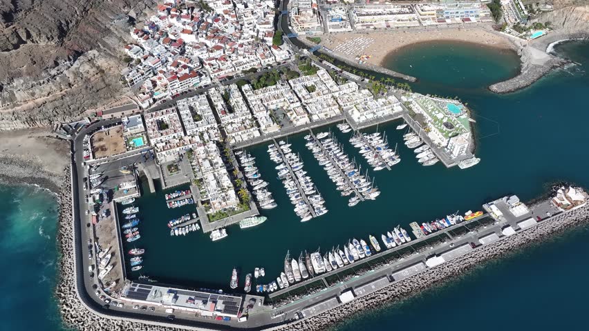 Aerial view of Puerto de Mogan and Playa de Mogan, Gran Canaria, Canary Islands, Spain