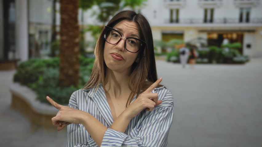 Woman raises palms to sides on busy city street wearing striped shirt and glasses amid blurred building facade; confusion.