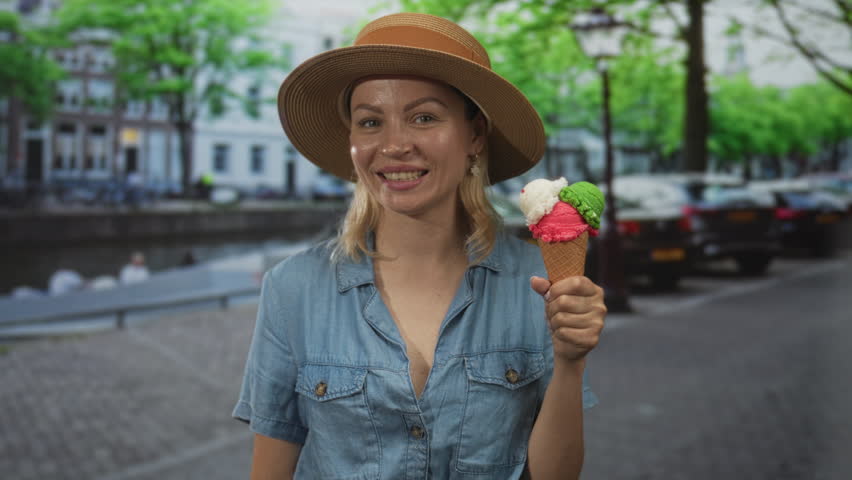 Smiling woman holds pastel icecream cone with three scoops on sunlit leafy street by canal; summer joy.