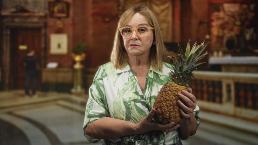 Middle age woman holding pineapple with hands in a church building, wearing glasses and green leaf print shirt; quiet contemplation.