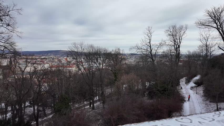 Snowy panorama of Brno old town seen from Špilberk Castle