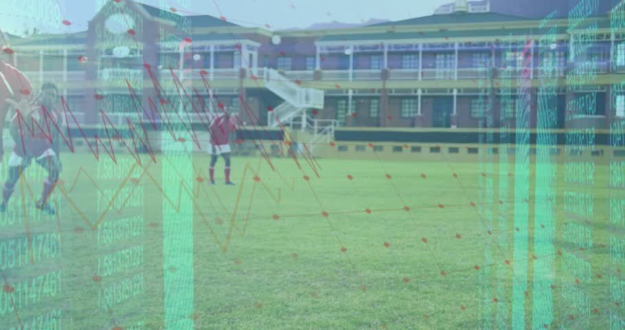 Animation of data processing over diverse rugby players at stadium. Global sport, computing and digital interface concept digitally generated video.