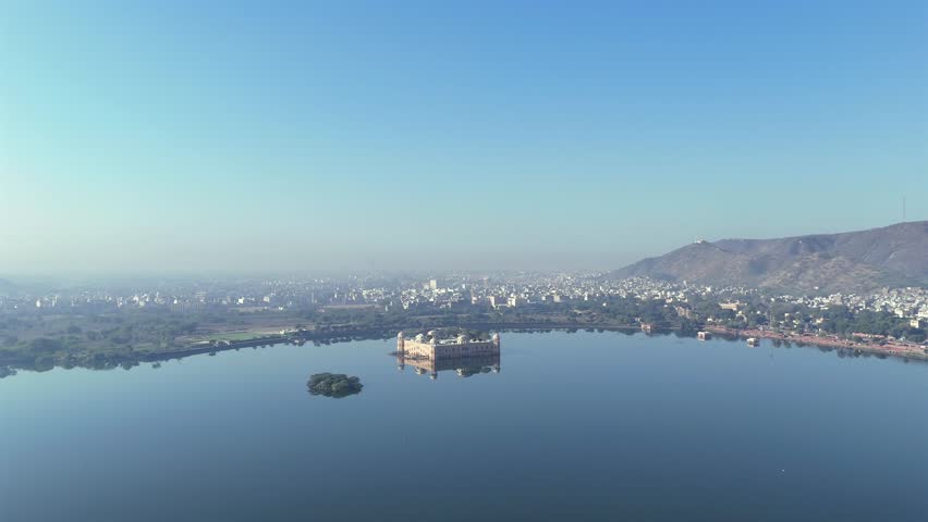 Aerial shot of Jal Mahal in Jaipur, Rajasthan, India