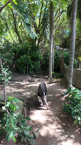 giant anteater walking in shaded enclosure, showcasing long snout and claws