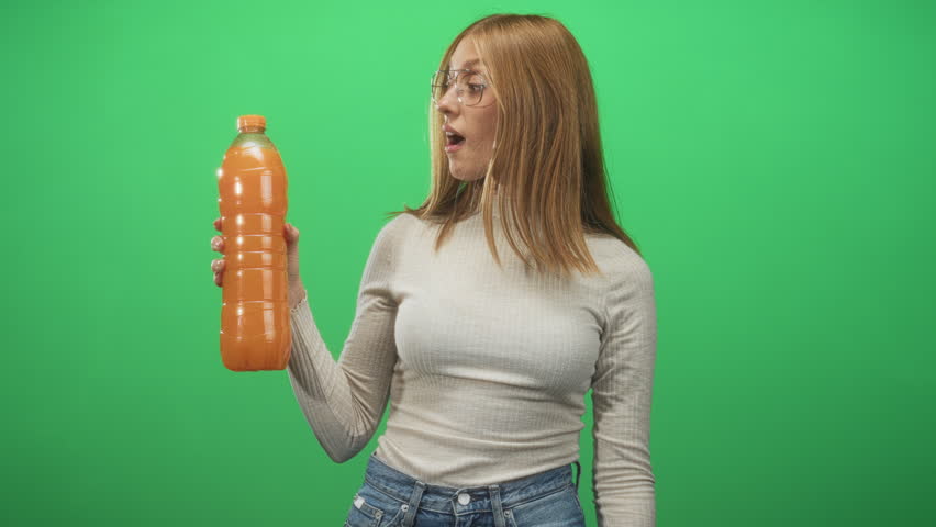 Woman holding an orange juice bottle with left hand and right palm up presenting, open mouth surprised expression, studio green screen; refreshment surprise.