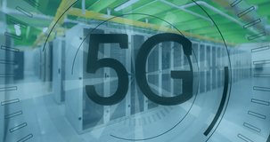 Animation of 5g text over spinning round scanner,light spot and data processingagainst server room. Global networking and business data storage technology concept - Powered by Shutterstock - Get 15% off with code: PIKWIZARD15