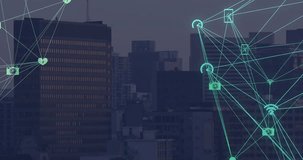 Mint-green cluster appearing triggers network expanding linking icons visualizing connectivity. Technology, connectivity, innovation, digital, urban, futuristic, communication - Powered by Shutterstock - Get 15% off with code: PIKWIZARD15