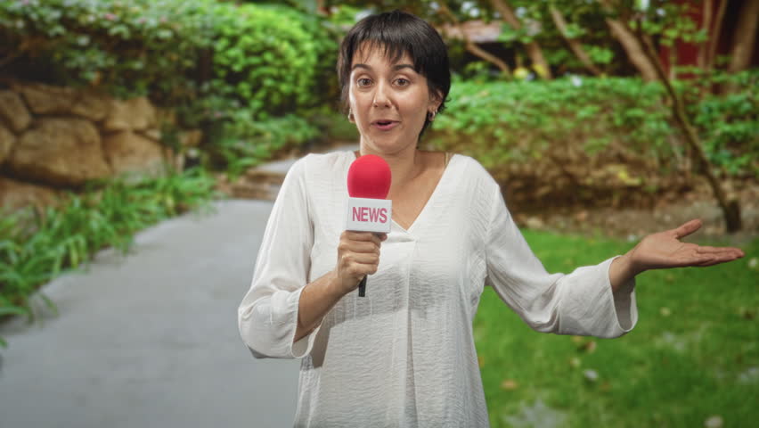 Woman holding red microphone with hands, smiling and gesturing beside a park path with trees and rocks on street; informative community update.