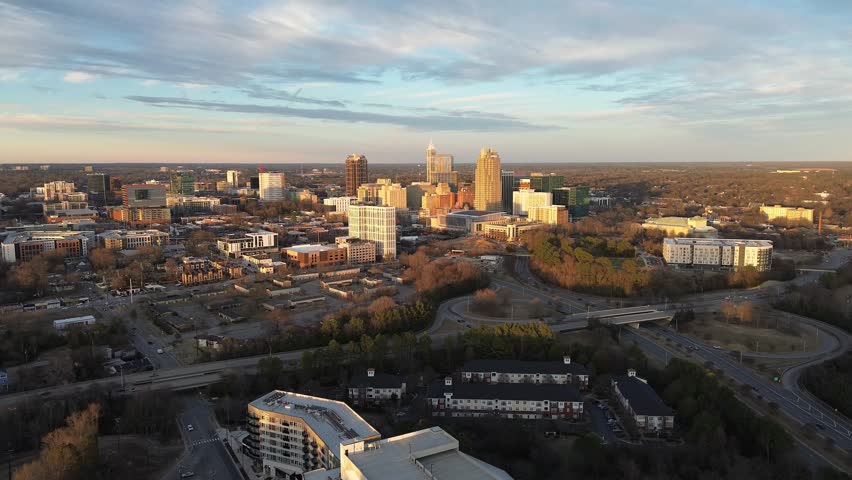 Aerial view of downtown Raleigh at sunset looking North