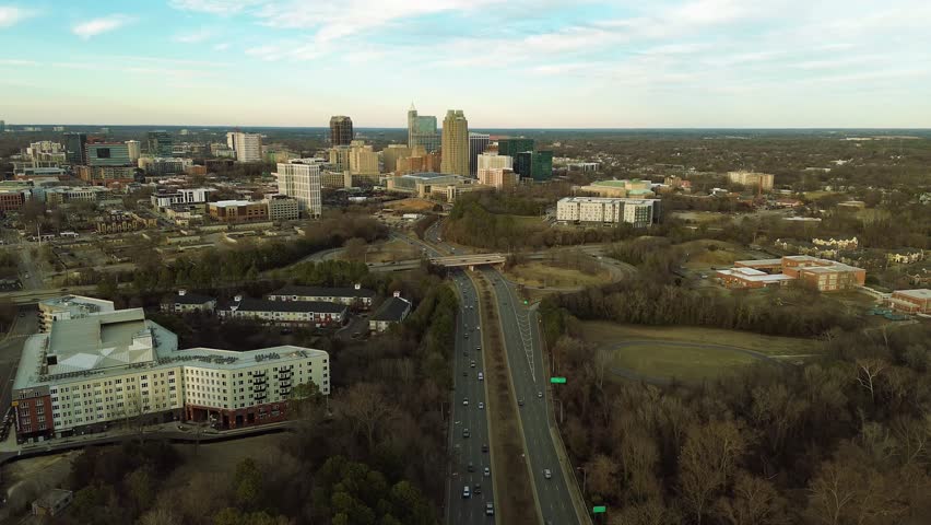 Aerial view of downtown Raleigh at sunset looking North