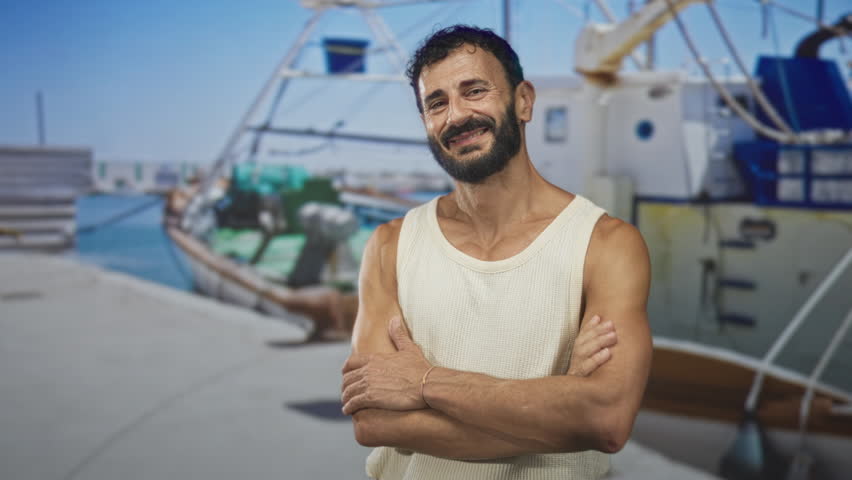 Man with crossed arms and beard, smiling in a sleeveless tanktop, standing by a fishing boat at a dock on street; contentment.