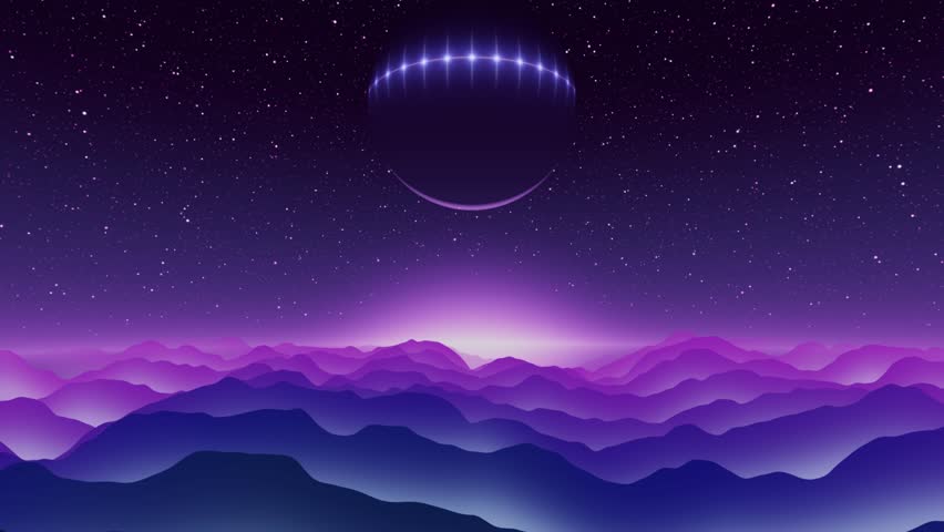 Retro synthwave landscape with purple mountains and glowing planet under starry sky