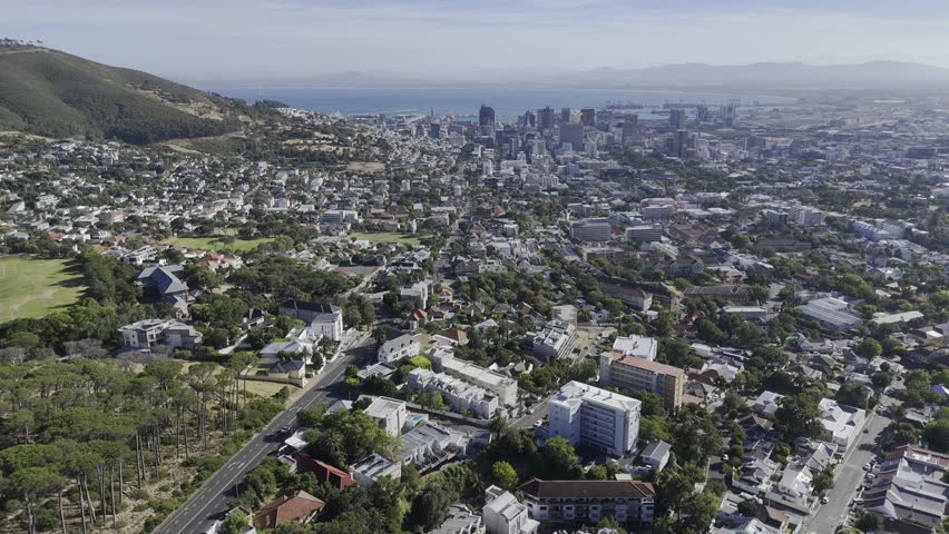 Drone flies north in the city bowl in the late morning in Cape Town, South Africa