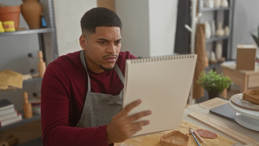 Man potter wearing apron holding sketchpad and studying clay forms and tools on wooden table in ceramics studio; concentration.