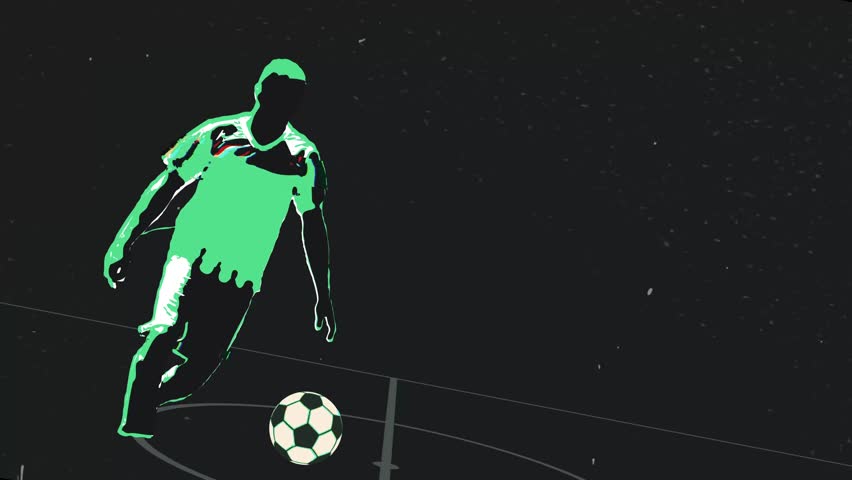 Modern football intro animation featuring a strong ground kick followed by an aerial bicycle kick. The ball flies forward and fades into a clean black screen for logo reveal placement. Designed with green and dark tones, glitch distortion, and halftone graphics for a contemporary sports broadcast feel. Perfect for esports channels, sports branding, promotional intros, and customizable logo animations.