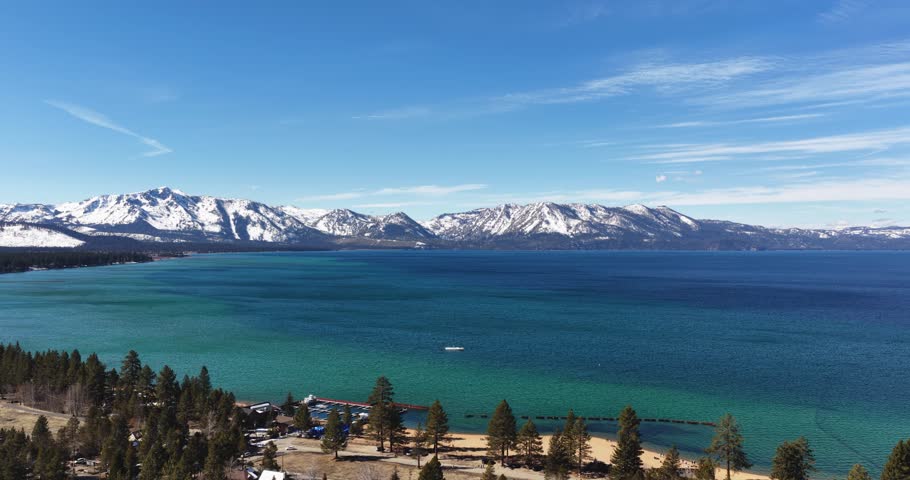 South Lake Tahoe, CA, USA - 02-15-2026  Aerial video of South Lake Tahoe, California and Stateline, Nevada on a winter afternoon.  
