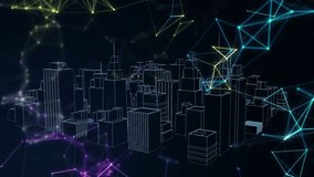 Animation of 3d model of modern skyscrapers rotating against dots connecting with lines. Telecommunication, technology, hologram, digitally generated, architecture, city, illustration and abstract. - Powered by Shutterstock - Get 15% off with code: PIKWIZARD15