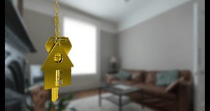 Animation of key with house keychain over house interior. Moving house, interior and digital interface concept digitally generated video. - Powered by Shutterstock - Get 15% off with code: PIKWIZARD15