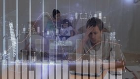 Animation of graphs and skyscrapers over caucasian man stressed over pending bills. Digital composite, multiple exposure, skyscrapers, family, report, home finance, expense and debt concept. - Powered by Shutterstock - Get 15% off with code: PIKWIZARD15