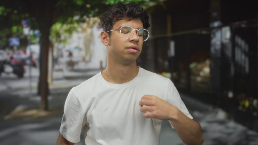 Man wearing glasses tugs his white shirt on urban street lined with trees and parked cars under summer sunlight; discomfort.