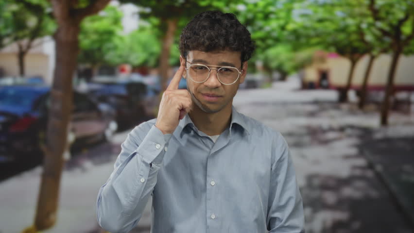 Man wearing blue shirt and glasses points finger to camera on street amid urban sidewalk setting; confidence focus.