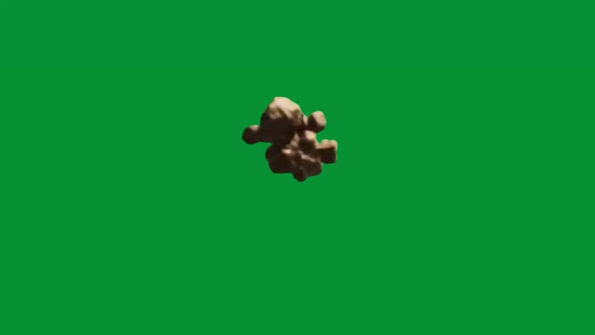 Asteroids and rock debris appear to be floating chaotically against a green screen ideal for visual effects composition or sci-fi scene creation.